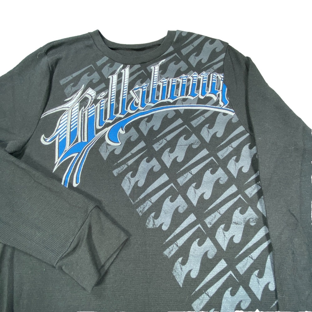 Billabong Thermal Shirt XL Black Grunge Skater Streetwear Graphic Tee Waffle Y2K